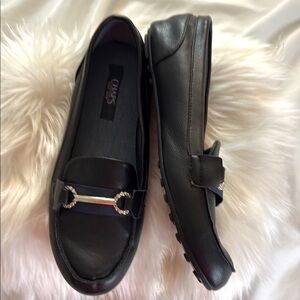 Chaps Women's Black Slip On Loafers with Gold Decor, and Navy Ribbon